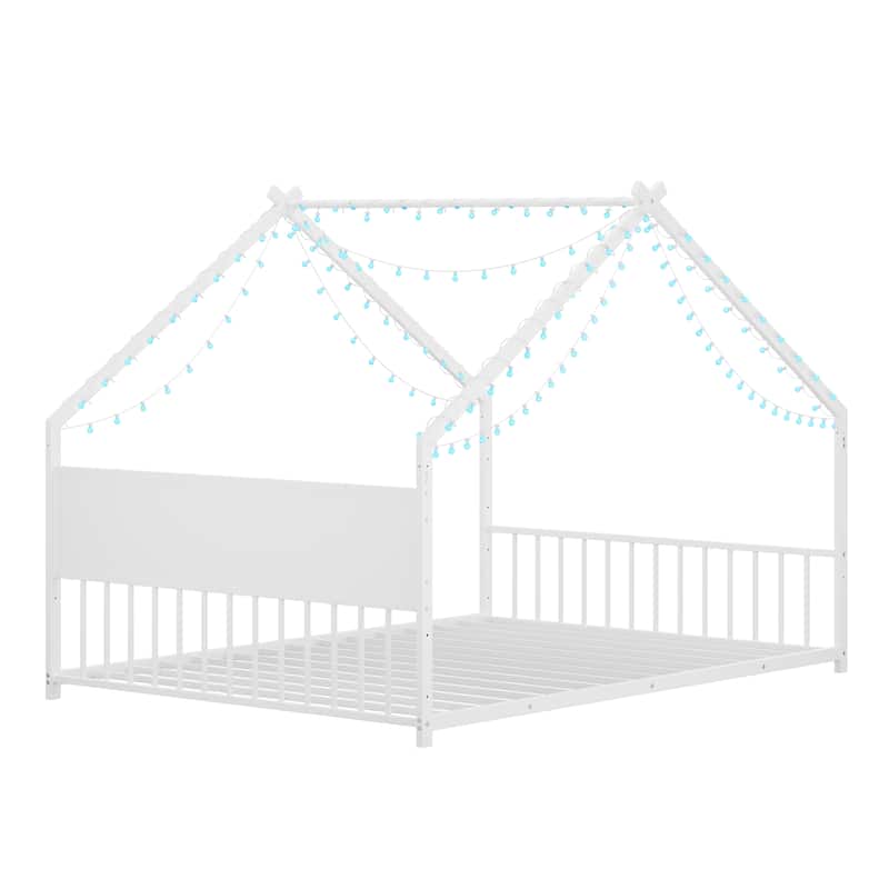 Full Size Canopy House Bed with LED Lights, Sturdy Metal Frame & Slats for Kids & Teens, No Box Spring Needed (White)