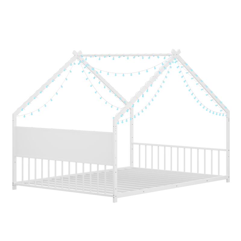 Full Size House Bed with Roof and LED Lights, Sturdy Metal Frame