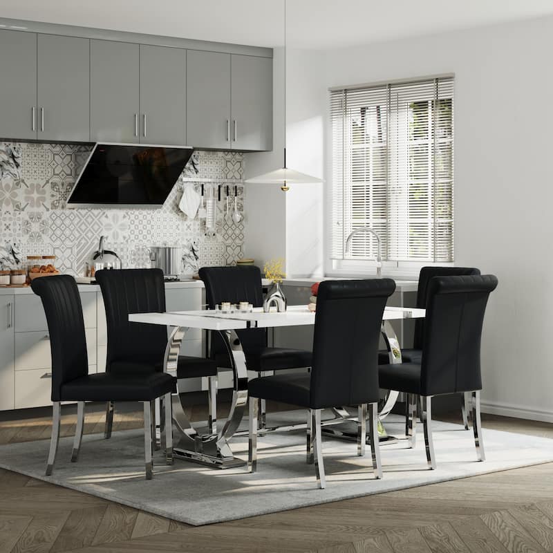 Luxury Dining Table Set with PU Leather Dining Chairs - White Table Black Chairs - Table with 6 Chairs