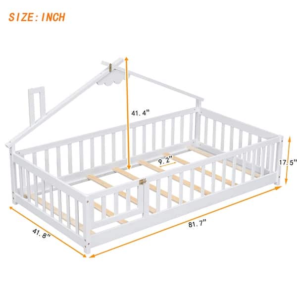 dimension image slide 2 of 6, Twin Pine Wood House-Shaped Bedside Floor Bed with Guardrails, Kids Girls Boys Bed Frame, No Need Spring Box