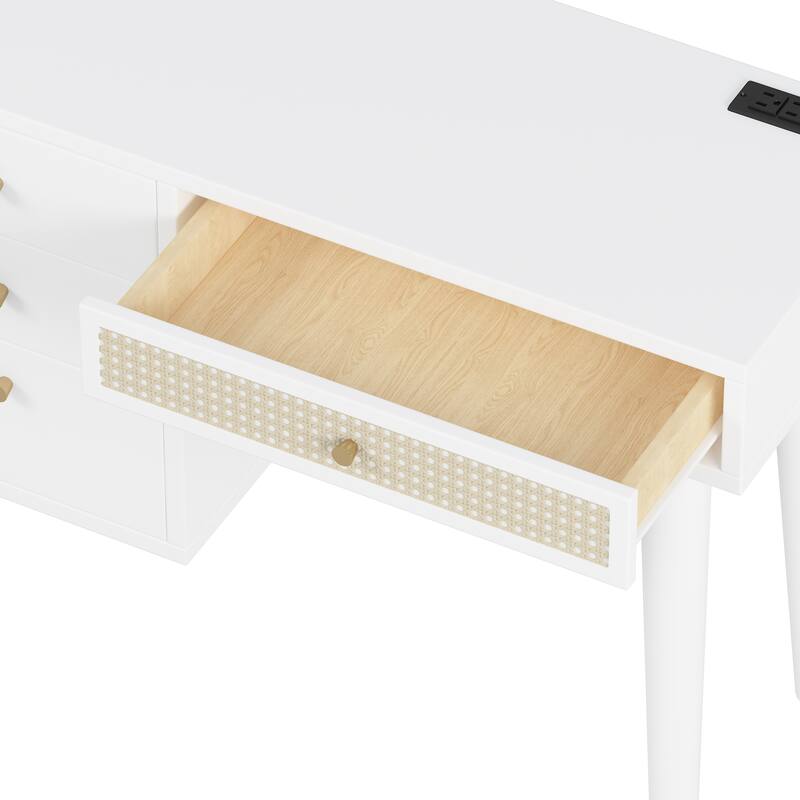 2-Piece Makeup Vanity Set with Upholstered Stool, Makeup Vanity Dressing Table with Power Outlet & USB Port (No Mirrors)