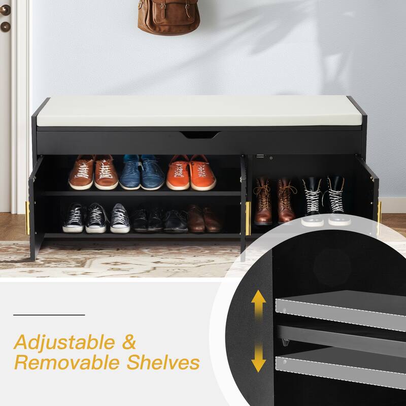 Wooden Entryway Storage Bench with Cushioned Seat - Hidden Compartment Shoe Bench, Multipurpose Hallway & Bedroom Storage