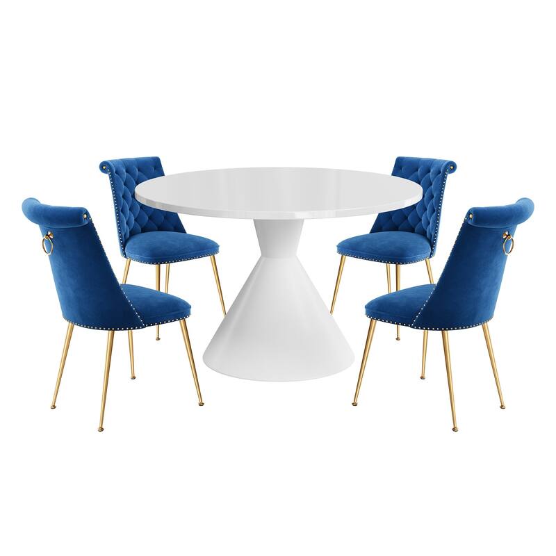 48" Light Luxury White High Gloss Large Countertop Dining Table with Velvet Dining Chair Set