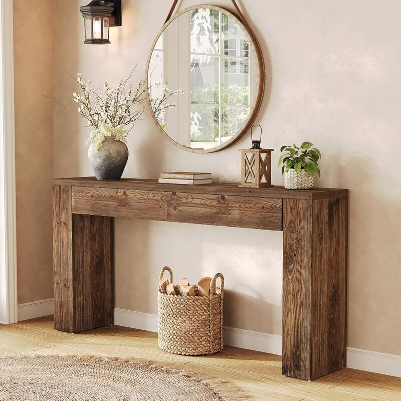63 Inches Solid Wood Extra Long Console Table with 2 Drawer for Entryway Hallway Foyer, Sofa Table Behind Couch