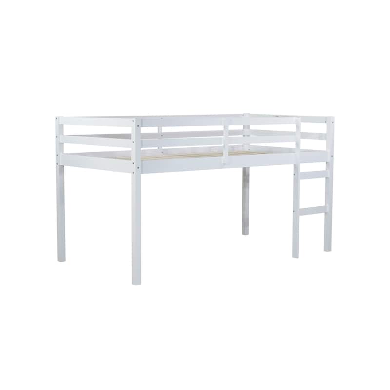 White Twin Loft Bed with Ladder and Strengthened Slats, Rubber Wood and Plywood, Low Height Design, Ample Storage Space