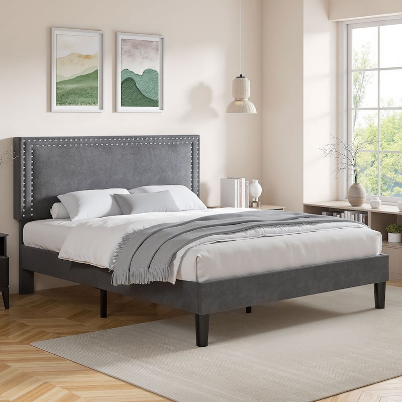 Upholstered Platform Bed Frame with Adjustable Headboard Velvet Nailhead Trim No Box Spring Needed