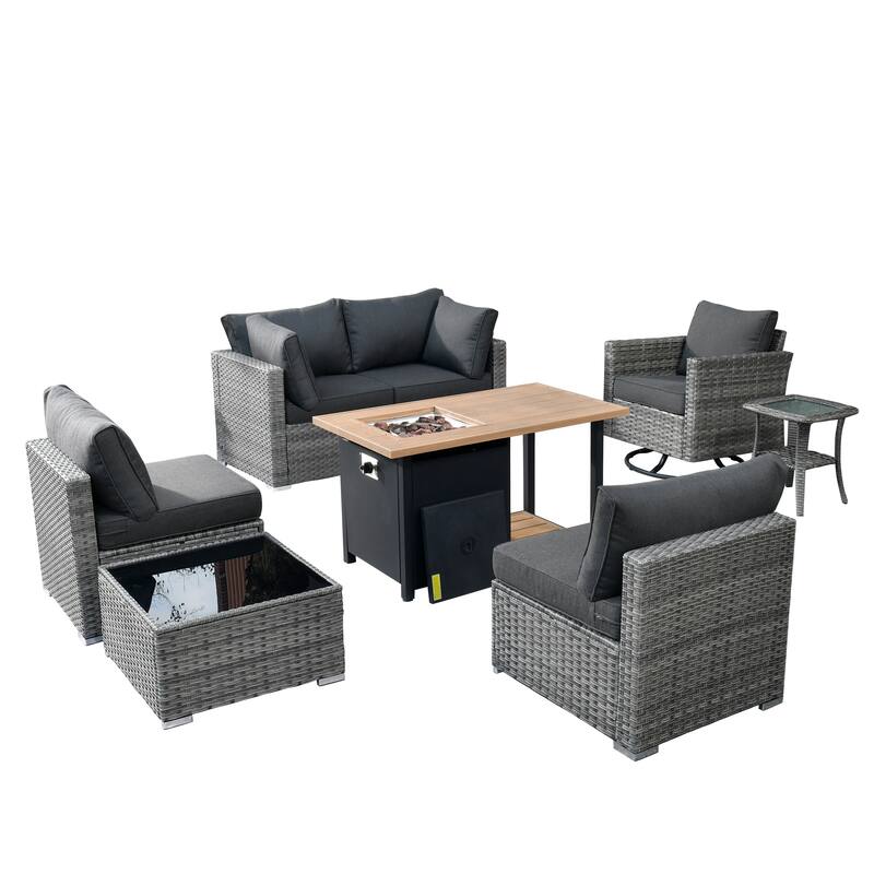 HOOOWOOO 8-piece Grey Wicker Outdoor Patio Furniture Sectional Set with Fire Pit
