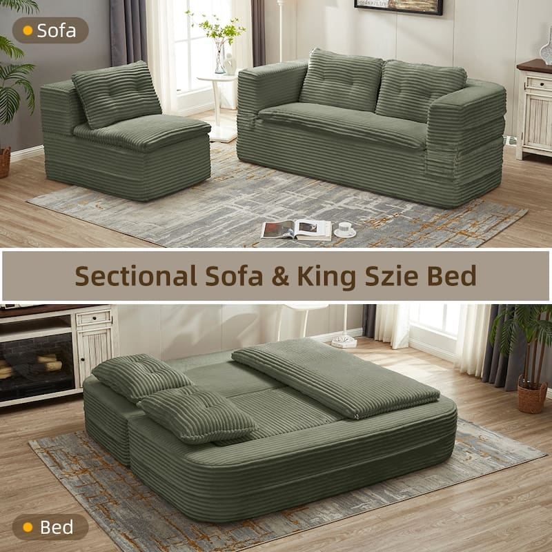 Sleeper Sofa with Chaise Lounge, Convertible Sectional Couch Bed, Corduroy 3-Seat Sofa, Folding Boneless Couch