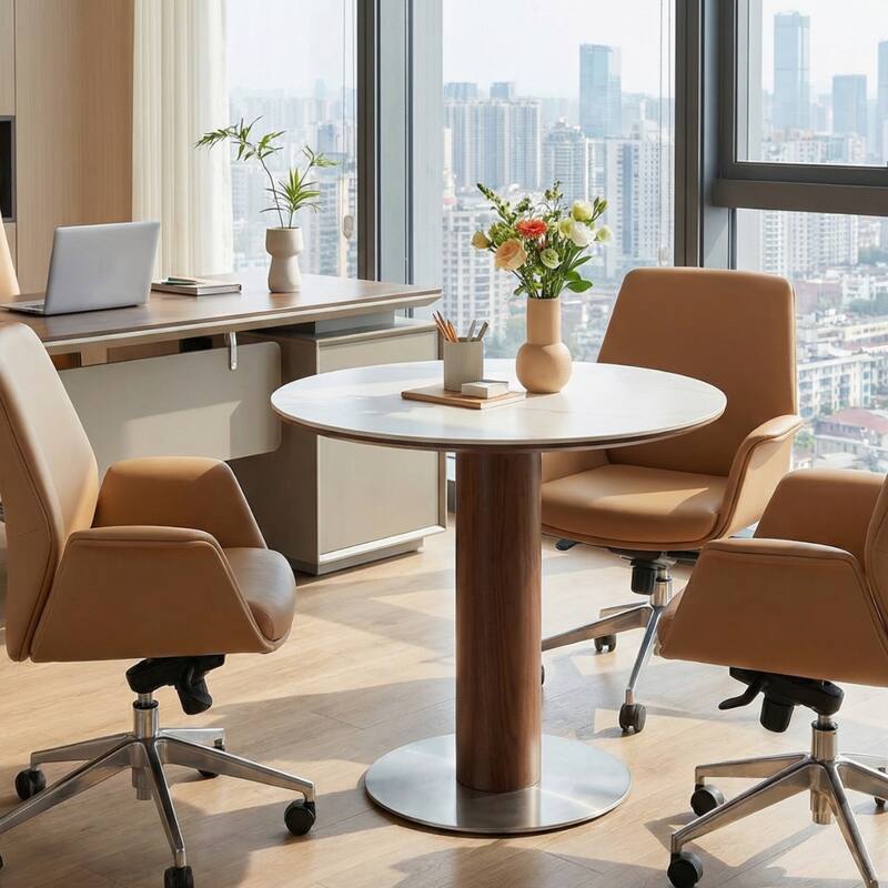 31.5 Inch Round Conference Table for 2-4, Office Meeting Table with Thicken Sintered Stone Tabletop - 31.5" Dia. x 29.53" H