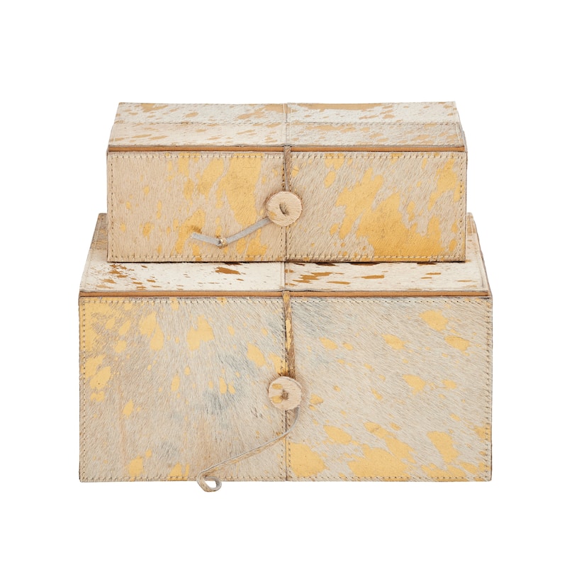 Gray Leather Handmade Box with Hinged Lid (Set of 2) - White or Gold