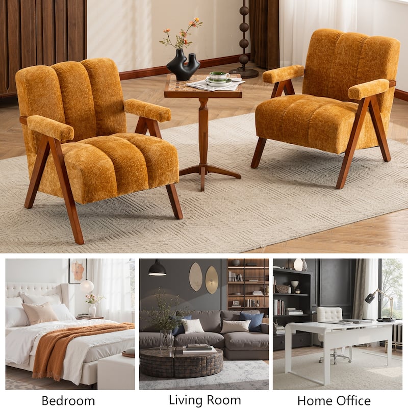 Mid Century Modern Accent Chair, Chenille Armchair with Solid Wood Legs, Channel Tufted Comfy Reading Chair for Living Room