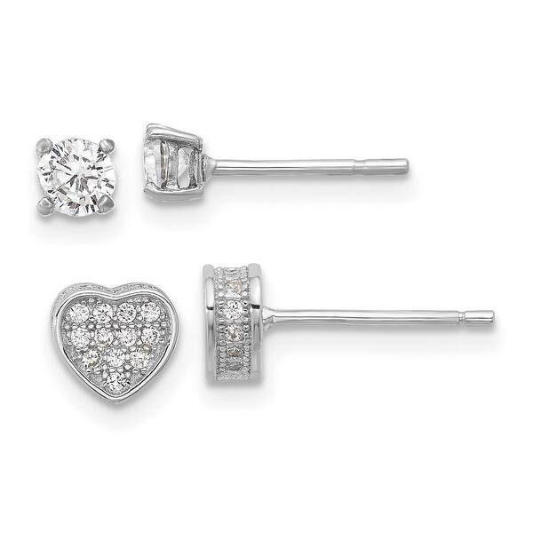 Sterling Silver Pavé CZ Heart & 4mm CZ Stud Post Earrings Set Sterling Silver Pavé CZ Heart & 4mm CZ Stud Post Earrings Set