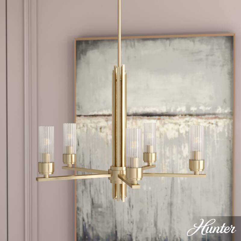 Hunter Gatz Ribbed Glass Chandelier - Dining Room, Kitchen Island, Entry - Glam, Contemporary, Transitional - 24" 5 Light - Alturas Gold
