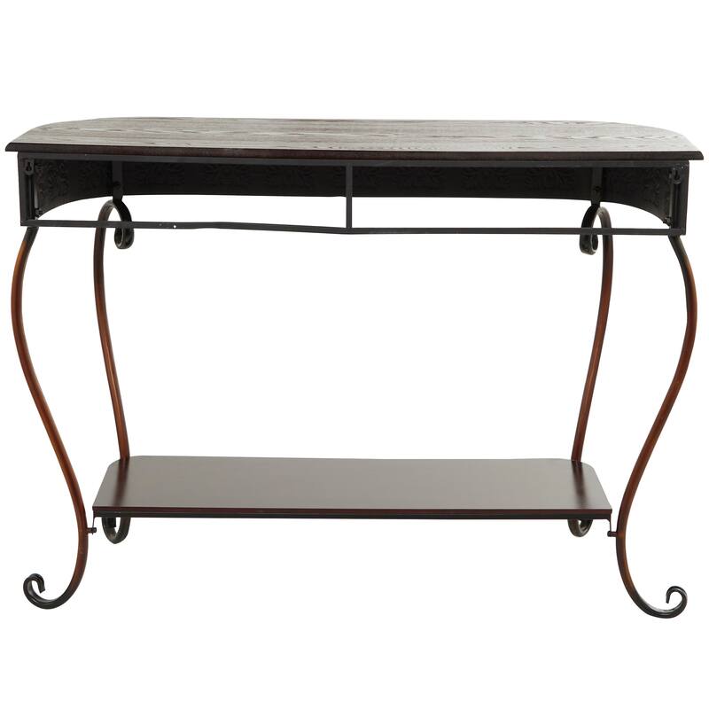 Brown Metal Embossed 1 Shelf Floral Console Table with Ornate Scroll Legs