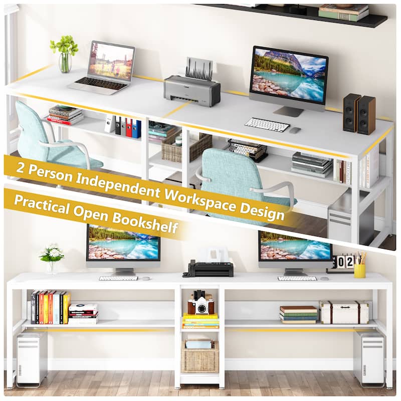 Two Person Desk with Bookshelf, Double Office Desk