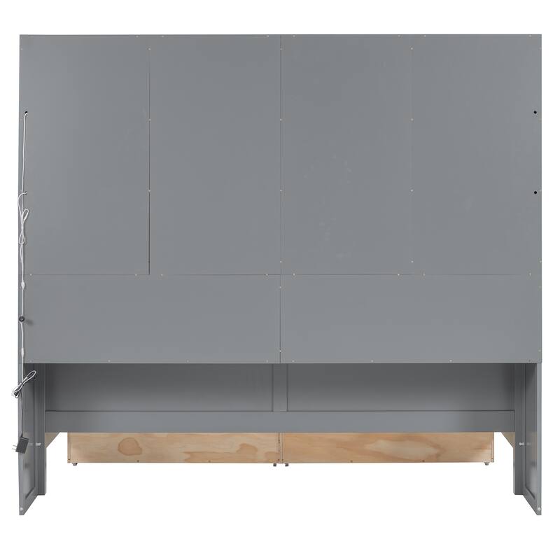 Twin Versatile Daybed with Glass-Door Storage Cabinets & Shelves, Space-Saving Wooden Platform Bed Frame w/Built in LED Lighting