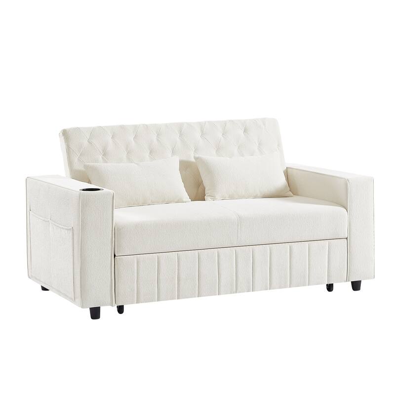 61.41" Chenille Convertible Sofa Bed with Adjustable Backrest, USB & Cup Holders