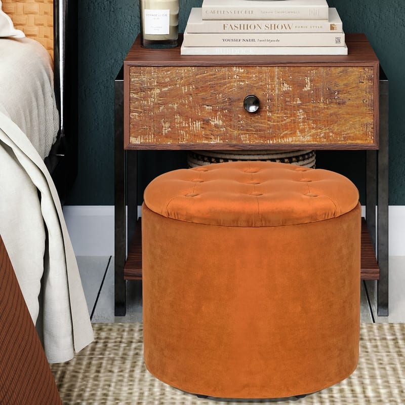 Adeco Round Storage Ottoman Footrest Stool With Removable Lid