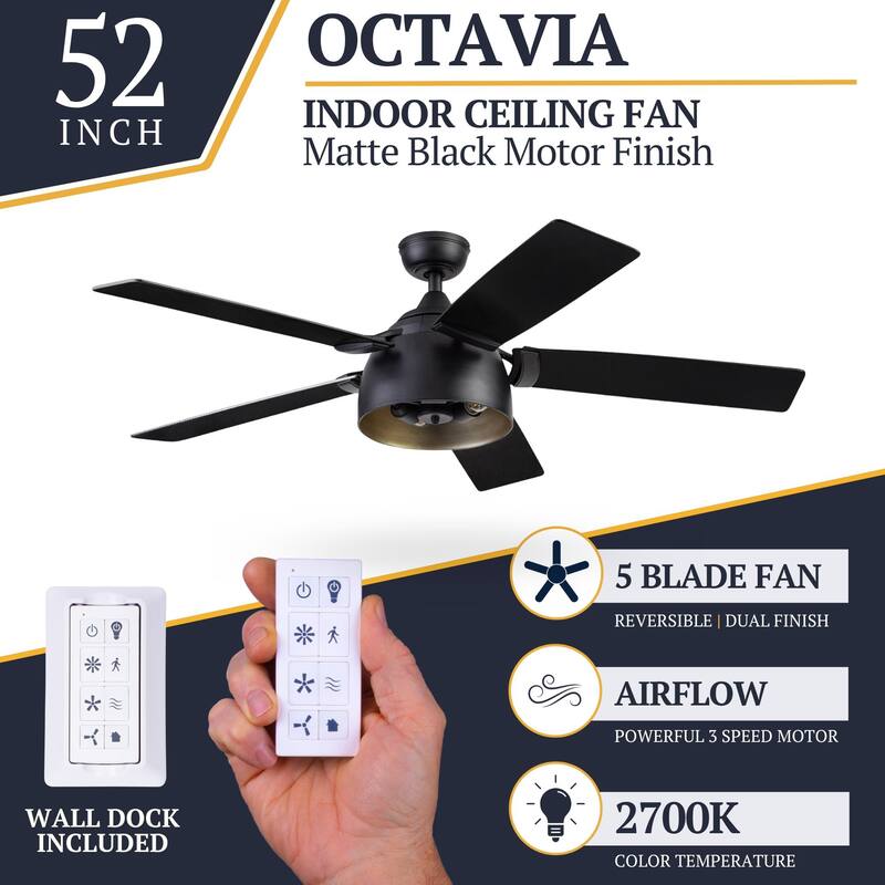 52" Prominence Home Octavia Matte Black Industrial Style LED Ceiling Fan with Light, Remote Control