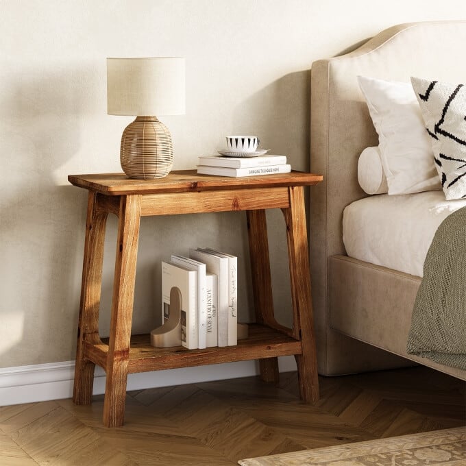Solid Wood End Table, Rustic 2-Tier Side Table for Living Room