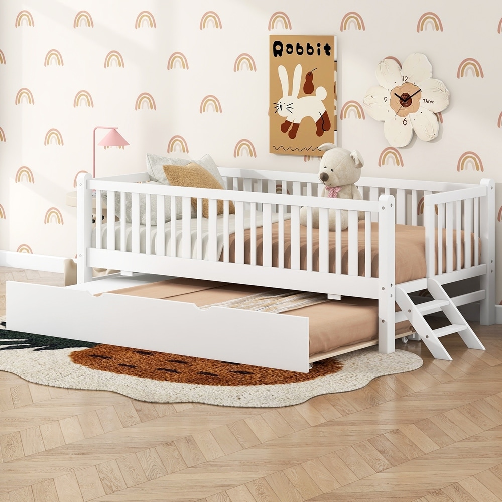 Wood Twin Size Platform Bed with Guardrail and Trundle