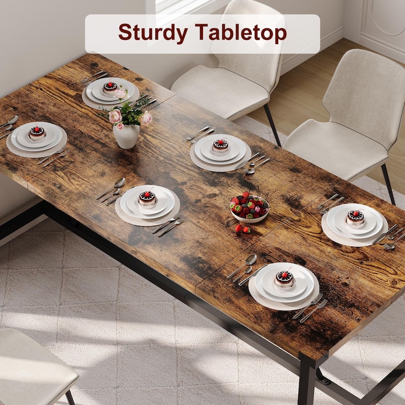 70.87 Inch Large Farmhouse Dining Table, with Wood Grain Engineered Panels