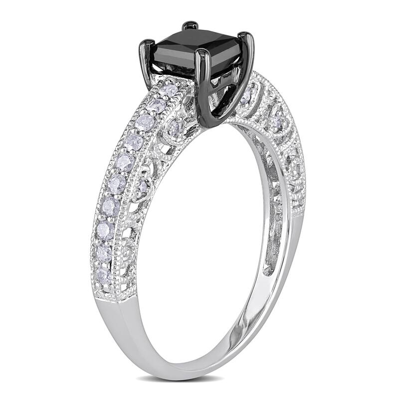 Miadora 1ct TDW Black and White Princess Cut Diamond Engagement Ring in 10k White Gold