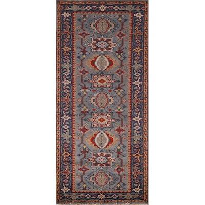 Blue Geometric Khotan Oriental Runner Rug Handmade Wool Carpet - 2'7"x 8'1"