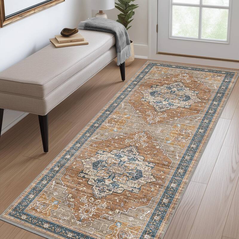 Mcow Floral Dark Gray Low-Pile Machine-Washable Non-Slip Area Rug