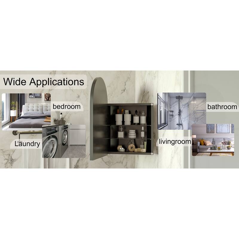 18x24 Inch Metal Corner Medicine Cabinet with Arched Mirror, Adjustable Glass Shelves, Space-Saving Bathroom Storage
