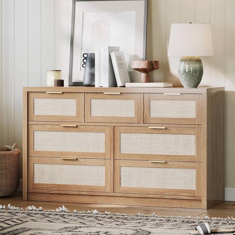 52" Rattan 7-Drawer Boho Dresser TV Stand for Bedroom, Living Room