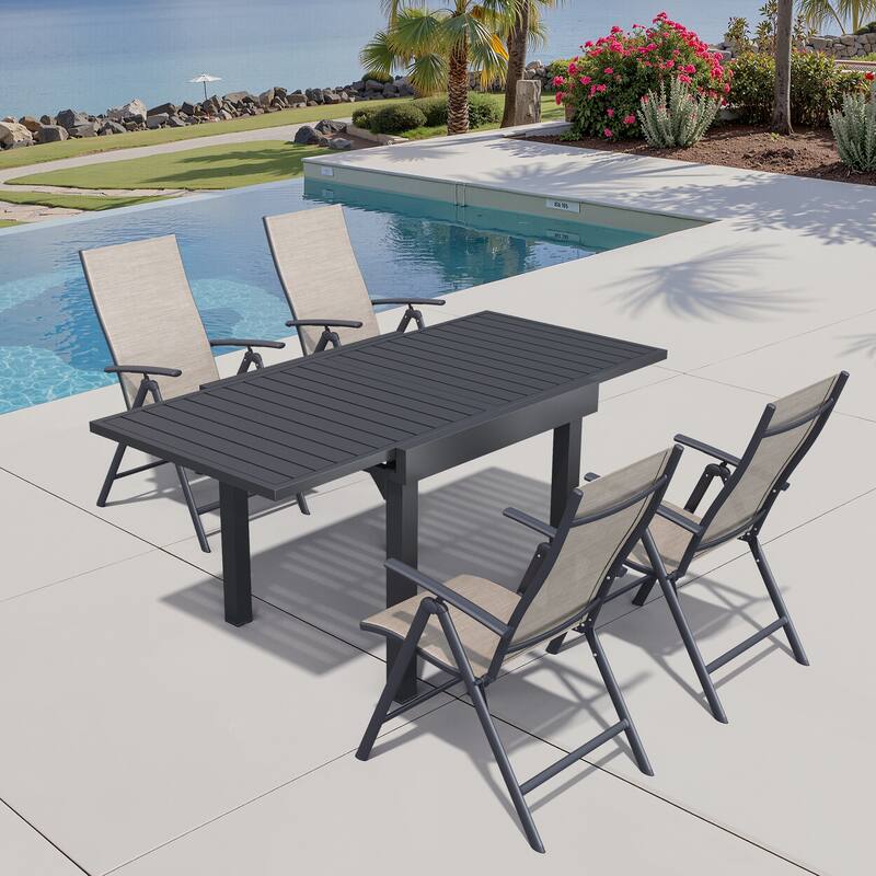 Outdoor Extendable Patio Dining Table with Durable Adjustable Reclining Folding Chair