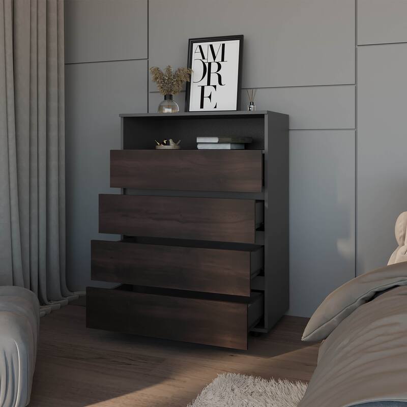Tokio 4 Drawer Dresser with Open Shelf, Stained Walnut