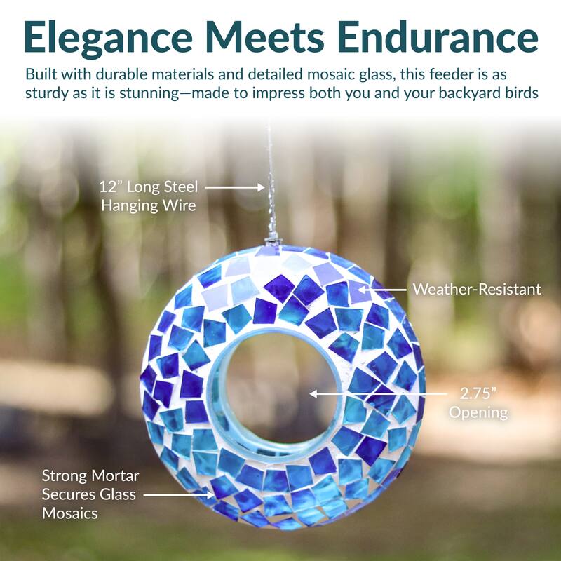 Outdoor Hanging Bird Feeder Blue Mosaic Fly-Through Design - 6"