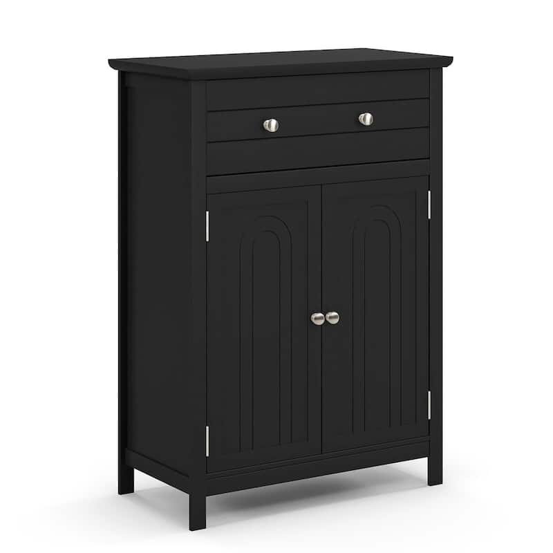 Gymax Bathroom Floor Cabinet Wooden Storage Organizer with Drawer &