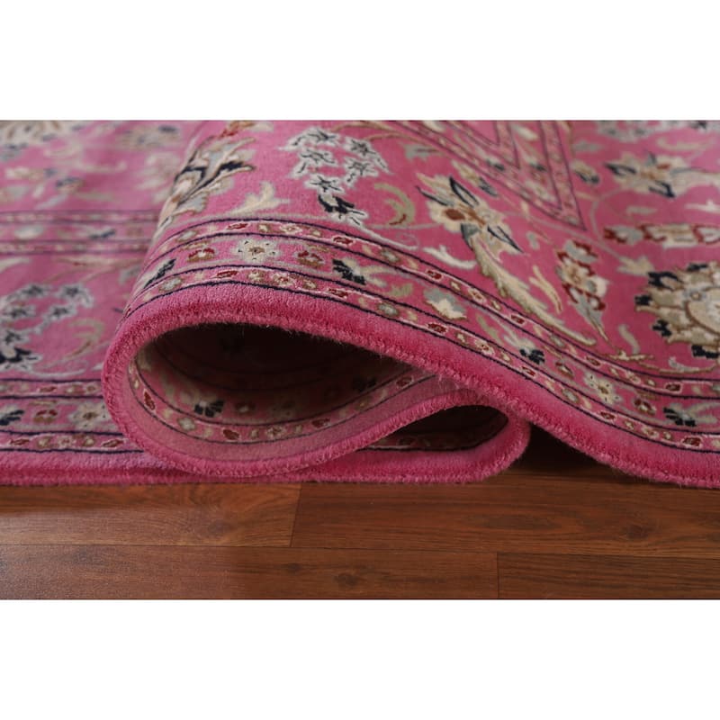 Floral Pink Kashan Oriental Area Rug Handmade Wool & Silk Carpet - 9'0"x 12'0"