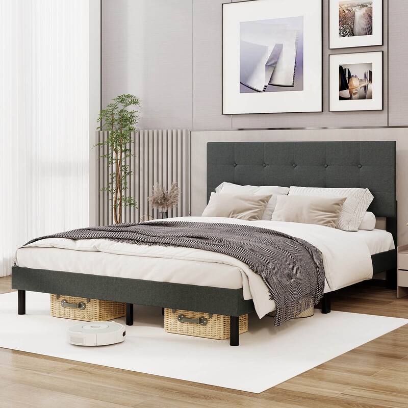 Costway Queen Size Bed Frame Linen Upholstered Platform Bed Frame with