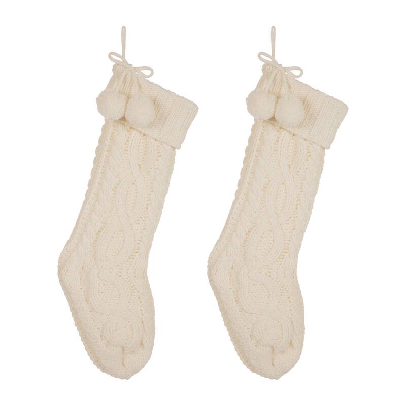 Glitzhome Set of 2 Knitted Christmas Stocking White or Red with Pom Pom Ball