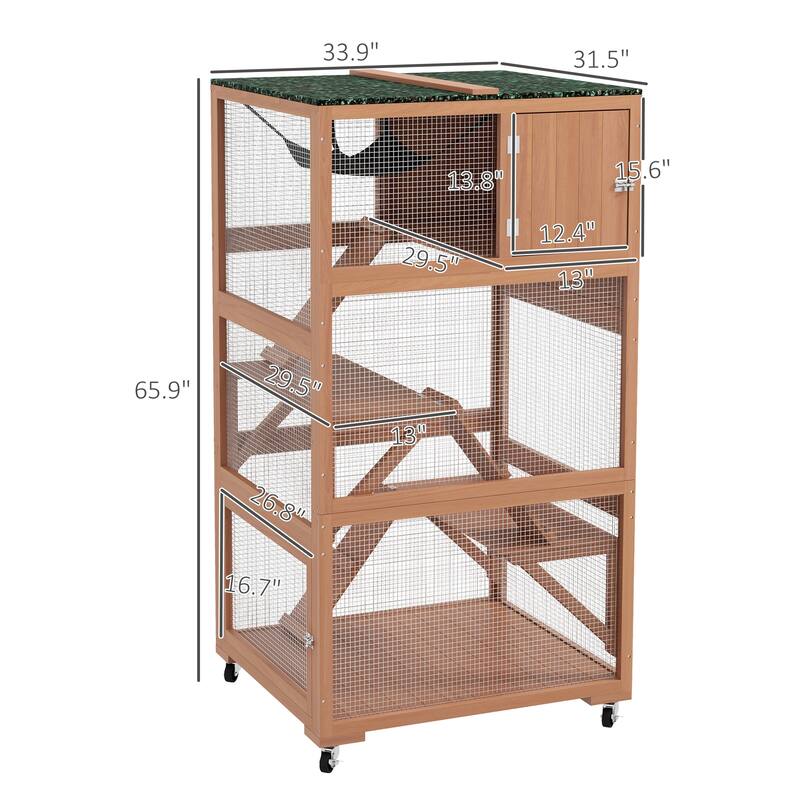 Orange-Green Fir Wood Cat Cage with Hammock, Ramps and Multi Platforms