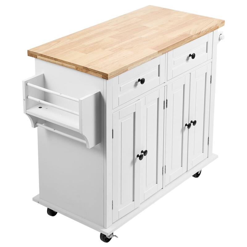 Kitchen Island Cart with Solid Wood Top, Spice Rack, Towel Rack & Drawer - White