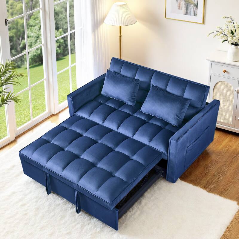 3-in-1 Convertible Sleeper Loveseat Pull Out Twin Size Suede Sofa Bed with 2 Pillows & Pocket - Blue