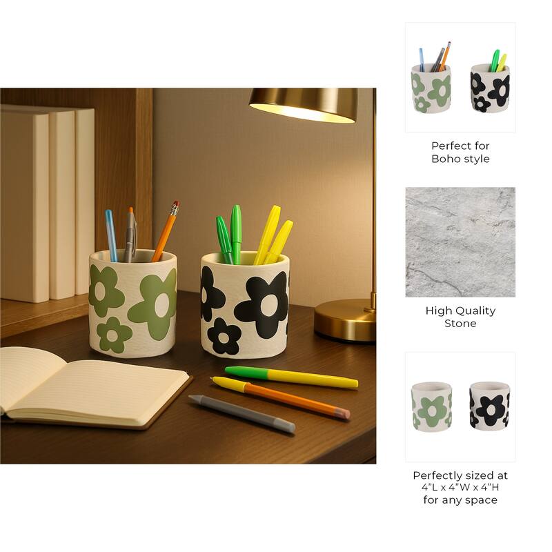 Decorative Flower Pencil Cups Storage - Set of 2, 4", Green & Black - 4.0"