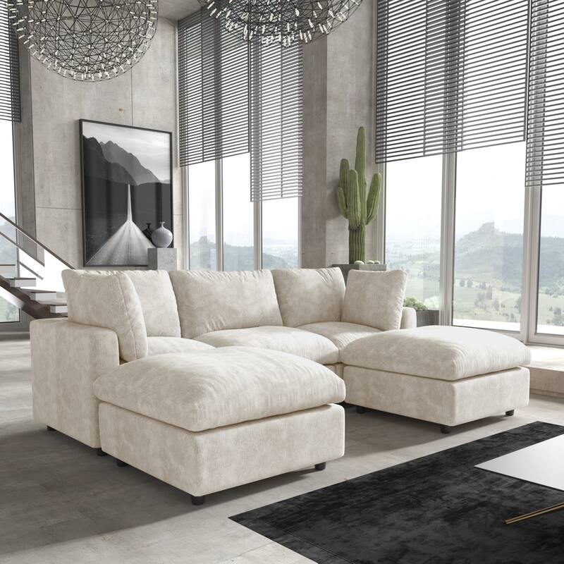 Minimalist U-shaped Upholstered Cloud Sofa 100.5" 3-Seater Chenille Modular Sectional Couch with 2 Ottomans for Living Room