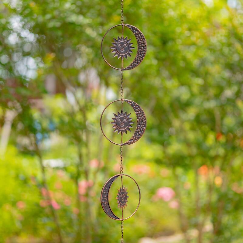 76" Long Antique Bronze Rain Chain with CrescentMoon & Sun - Iron - Bronze - Small