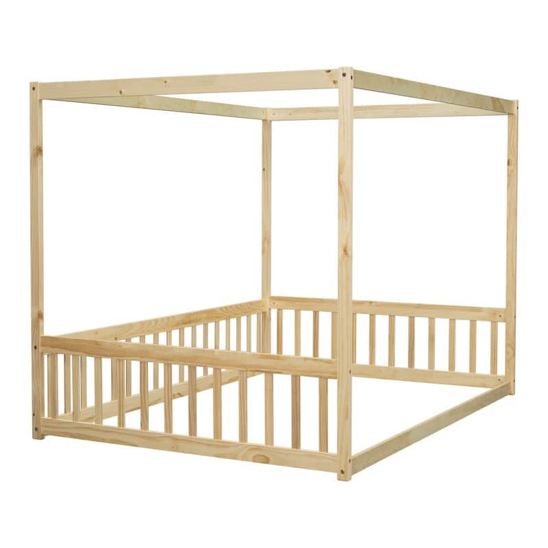 Full Size Wood Canopy Bed with Guardrails,Floor Bed For Kids