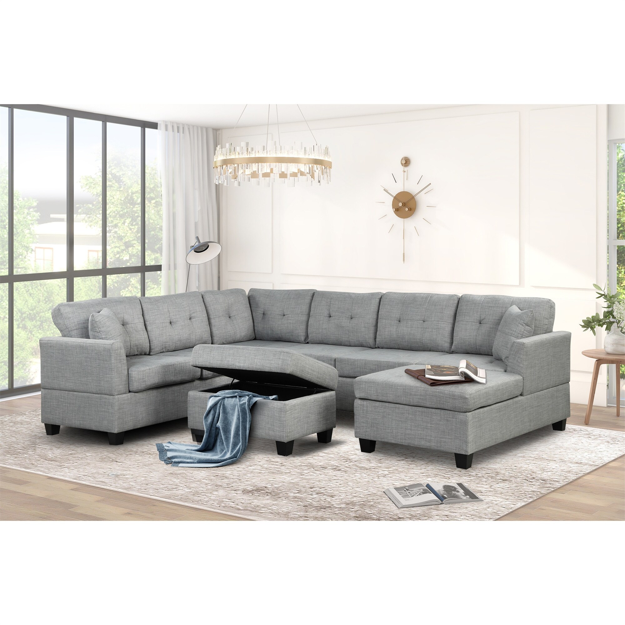 121" Sectional Sofa with Storage Ottoman, Large U Shaped Couch, Grey
