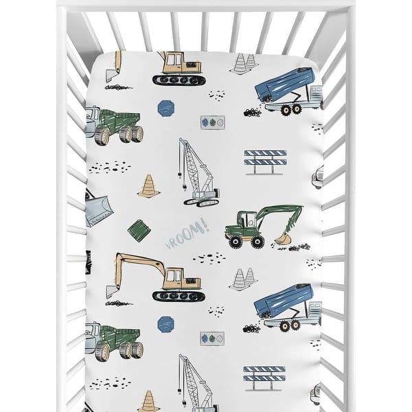 slide 2 of 6, Construction Truck Collection Boy Fitted Crib Sheet - Grey Yellow Black Blue and Green Transportation