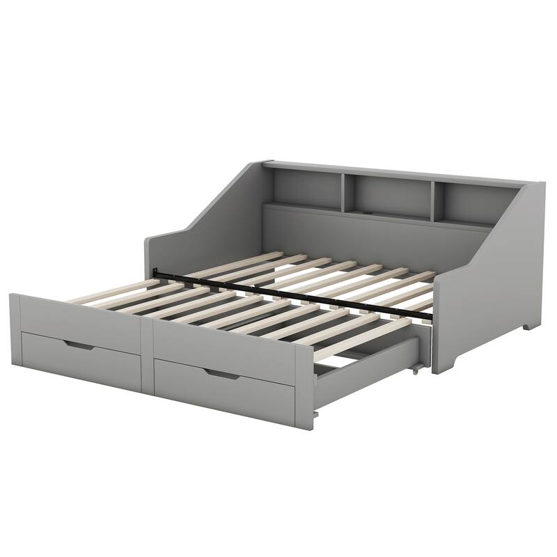 Twin to King Size Daybed Frame with Storage Bookcases and 2 Drawers