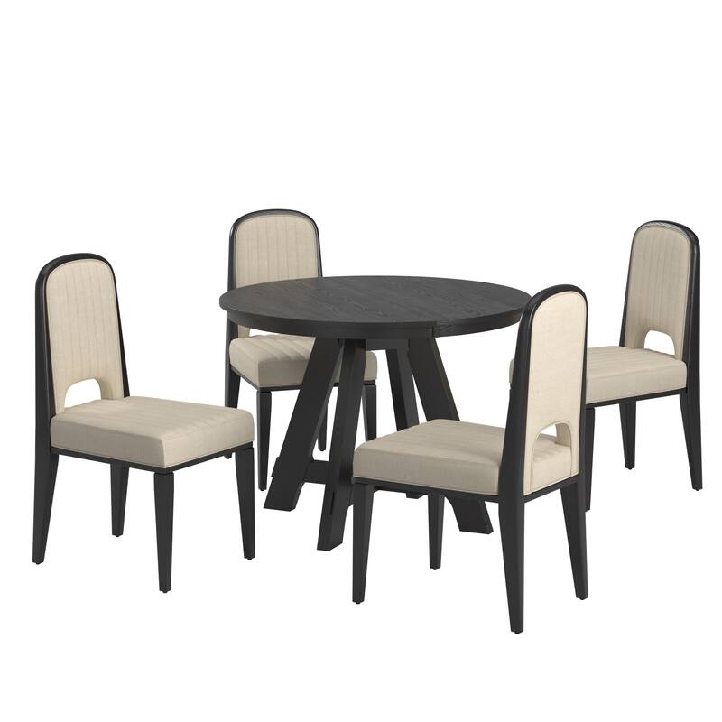 Harstad 42"-60" Extendable Round Dining Set with Channel Stitching Upholstered Chairs by iNSPIRE Q Modern - Black Oak