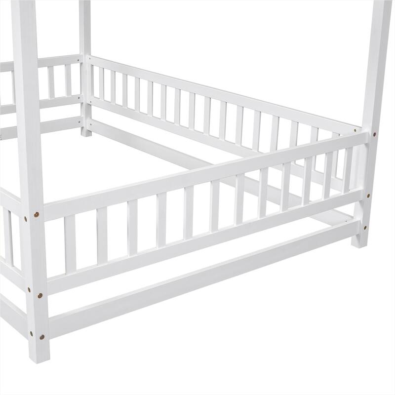 Full Size Floor Wooden Bed with House Roof Frame, Fence Guardrails